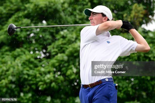 Brian Peccie of Washington & Lee tees off at hole seventeen during the Division III Men's Golf Championship held at the Grandover Resort on May 18,...