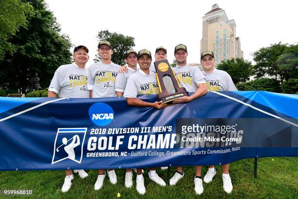 The Methodist University Men's Golf team poses with winners' hats and shirts following the Division III Men's Golf Championship held at the Grandover...