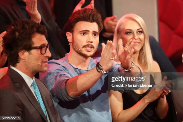 Daniel Hartwich, Bela Klentze and Oana Nechit during the 9th show of the 11th season of the television competition 'Let's Dance' on May 18, 2018 in...