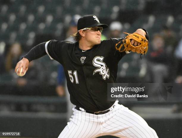 Carson Fulmer of the Chicago White Sox pitches against the Texas Rangers during the first inning on May 18, 2018 at Guaranteed Rate Field in Chicago,...