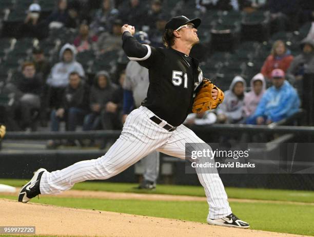 Carson Fulmer of the Chicago White Sox pitches against the Texas Rangers during the first inning on May 18, 2018 at Guaranteed Rate Field in Chicago,...