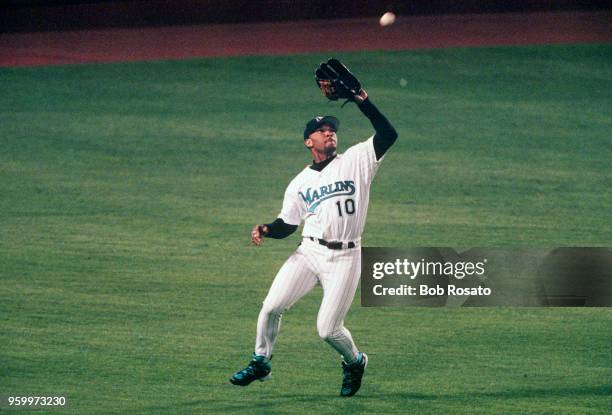 Gary Sheffield of the Florida Marlins catches a fly ball during Game 2 of the 1997 World Series against the Cleveland Indians at Pro Player Stadium...