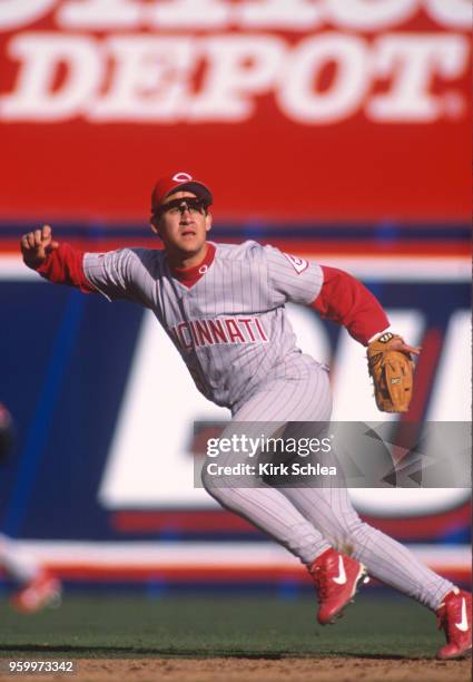 Brett Boone of the Cincinnati Reds tracks a pop-up during the game against the San Diego Padres at Qualcomm Stadium on April 7, 1998.
