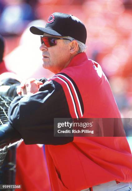 Manager Bob Boone watches batting practice prior to the game against the New York Mets at Shea Stadium on April 2001 in the Queens borough of New...
