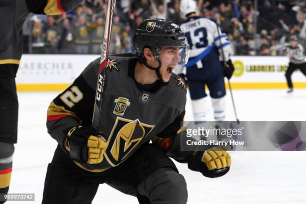 Tomas Nosek of the Vegas Golden Knights celebrates his second-period goal against the Winnipeg Jets in Game Four of the Western Conference Finals...