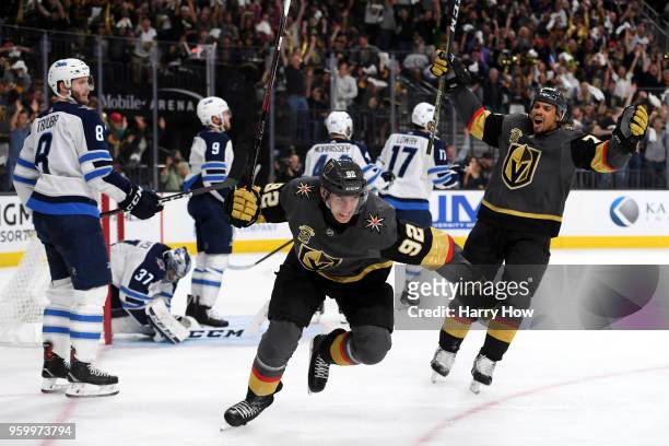 Tomas Nosek of the Vegas Golden Knights celebrates his second-period goal against the Winnipeg Jets in Game Four of the Western Conference Finals...