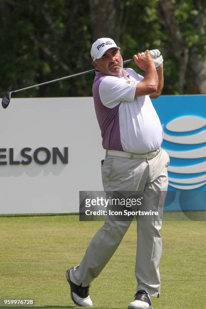 Angel Cabrera hits from the 9th tee during the second round of the AT&T Byron Nelson on May 18, 2018 at Trinity Forest Golf Club in Dallas, TX.
