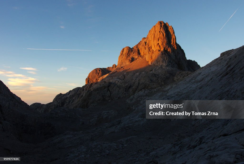 Last light in Picos de Europa in a sunset scene