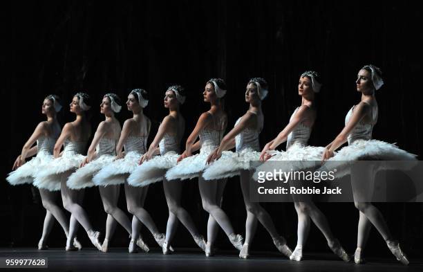 Artists of the company in Liam Scarlett"s adaptation of Marius Petipa and Lev Ivanov's Swan Lake at the Royal Opera House on May 17, 2018 in London,...