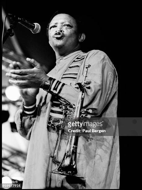 African trumpet player, singer and songwriter Hugh Masekela performs at North Sea Jazz festival, The Hague, Netherlands, 10th July 1994.