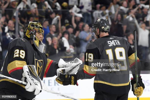 Reilly Smith is congratulated by his teammate Marc-Andre Fleury of the Vegas Golden Knights after scoring a third-period goal against the Winnipeg...