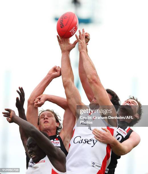 Cameron Pedersen of the Casey Demons takes a mark during the VFL round seven match between Frankston and Casey at Skybus Stadium on May 19, 2018 in...