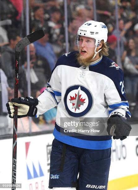 Patrik Laine of the Winnipeg Jets reacts after being called for a penalty late in the third period against the Vegas Golden Knights in Game Four of...