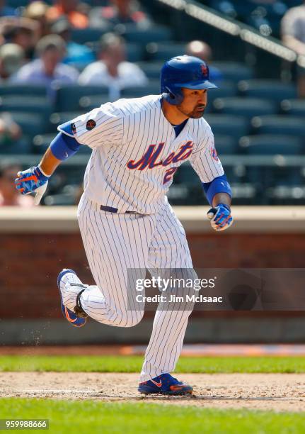 Adrian Gonzalez of the New York Mets in action against the Atlanta Braves at Citi Field on May 3, 2018 in the Flushing neighborhood of the Queens...