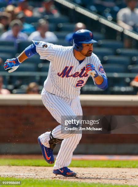 Adrian Gonzalez of the New York Mets in action against the Atlanta Braves at Citi Field on May 3, 2018 in the Flushing neighborhood of the Queens...