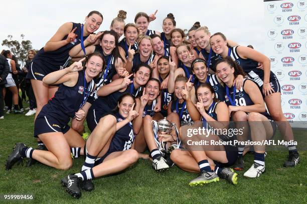 Geelong players celebrate winning during the TAC Cup Girls Grand Final match between Geelong and the Northern Knights at Avalon Airport Oval on May...