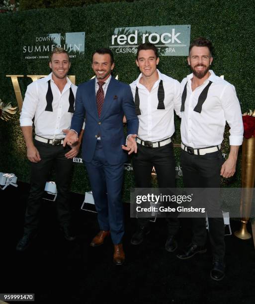Dancer Tony Dovolani poses with Chippendale dancers Ryan Worley, Tyler Froehlich and Ryan Kelsey during Vegas magazine's 15th anniversary party at...