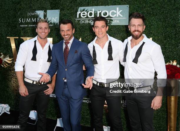 Dancer Tony Dovolani poses with Chippendale dancers Ryan Worley, Tyler Froehlich and Ryan Kelsey during Vegas magazine's 15th anniversary party at...