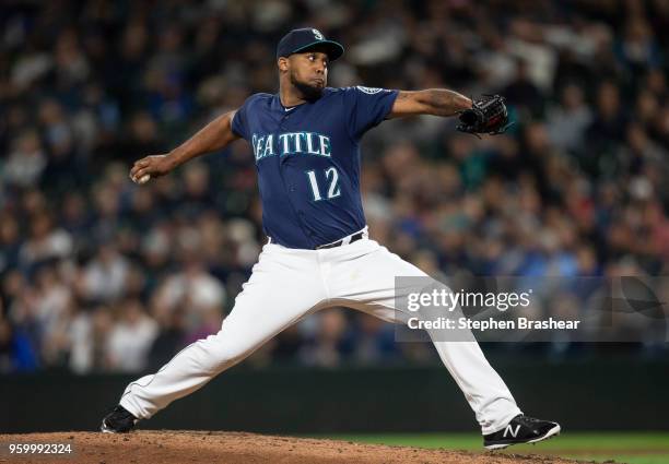 Reliever Juan Nicasio of the Seattle Mariners delivers a pitch during the eighth inning of a game against the Detroit Tigers at Safeco Field on May...