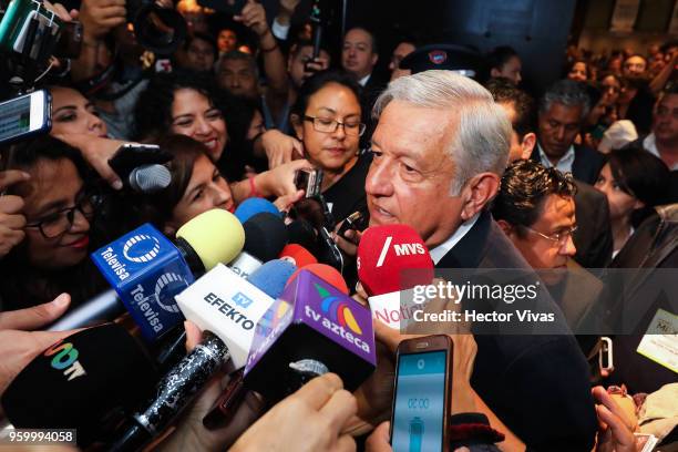 Andres Manuel Lopez Obrador presidential candidate of the National Regeneration Movement Party / 'Juntos Haremos Historia' coalition speaks to the...