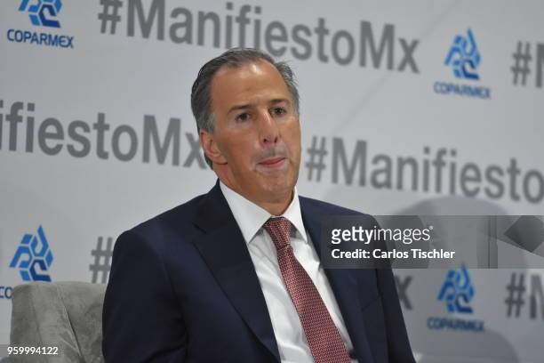 José Antonio Meade presidential candidate for the Coalition All For Mexico gestures during a conference as part of the 'Dialogues: Mexico Manifesto'...