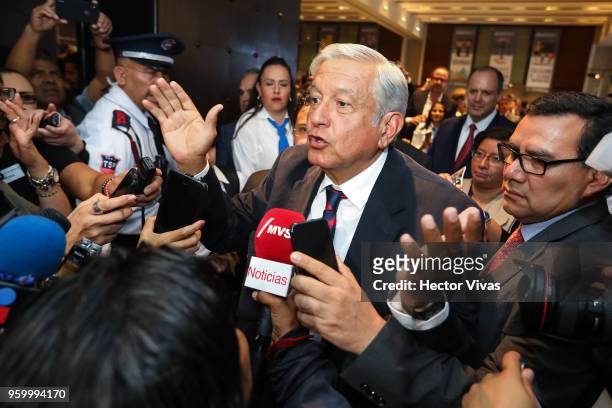 Andres Manuel Lopez Obrador, presidential candidate of the National Regeneration Movement Party / 'Juntos Haremos Historia' coalition speaks to the...