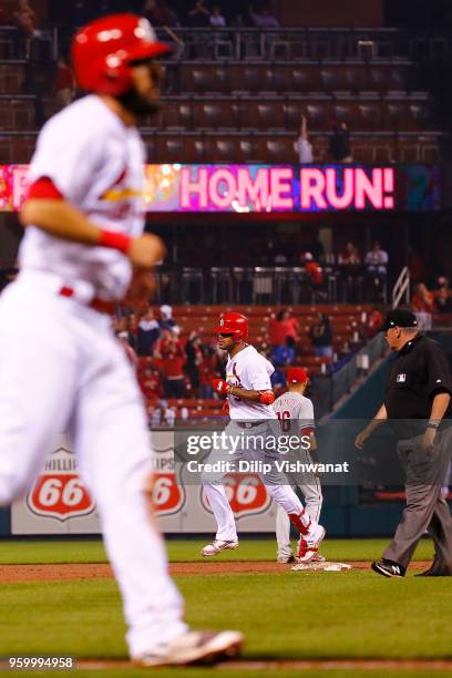 Jose Martinez of the St. Louis Cardinals rounds second base after hitting a two-run home run against the Philadelphia Phillies in the sixth inning at...