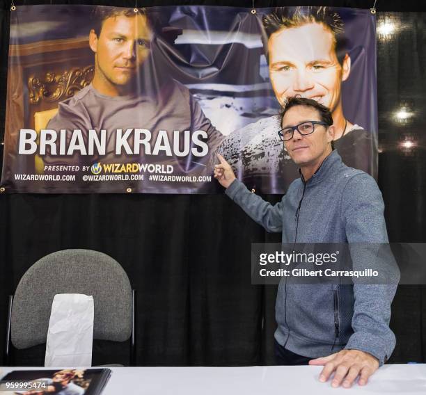 Actor Brian Krause points out his misspelled name on his Wizard World Comic Con banner during the 2018 Wizard World Comic Con at Pennsylvania...