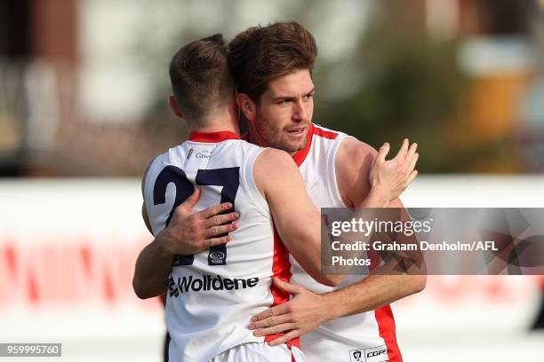 Tomas Bugg of the Casey Demons celebrates kicking a goal during the VFL round seven match between Frankston and Casey at Skybus Stadium on May 19,...