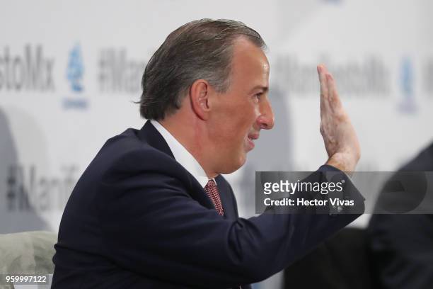 Jose Antonio Meade presidential candidate for the Coalition All For Mexico gestures during a conference as part of the 'Dialogues: Mexico Manifesto'...