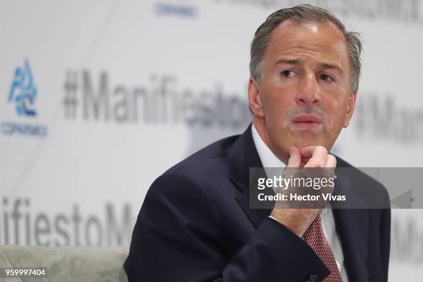 Jose Antonio Meade presidential candidate for the Coalition All For Mexico gestures during a conference as part of the 'Dialogues: Mexico Manifesto'...