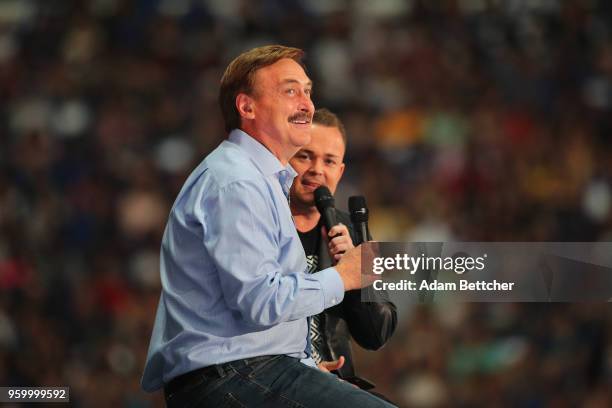 MyPillow Founder Mike Lindell speaks to the crowd with Pulse founder Nick Hall at Pulse Twin Cities at U.S. Bank Stadium on May 18, 2018 in...