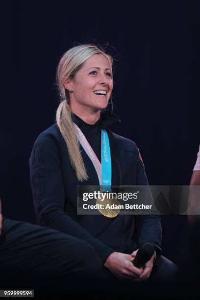 Olympic Hockey gold medalist GiGi Marvin speaks to the crowd at Pulse Twin Cities at U.S. Bank Stadium on May 18, 2018 in Minneapolis, Minnesota.