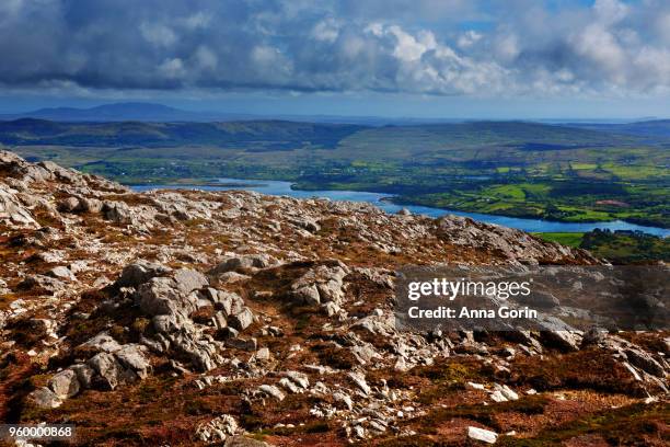 rugged rocky landscape at tully mountain overlooking connemara national park, stormy spring evening - anna gorin stock pictures, royalty-free photos & images