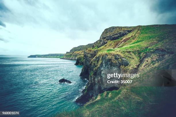 atlantic coastline carrick a rede, northern ireland - irish sea stock pictures, royalty-free photos & images