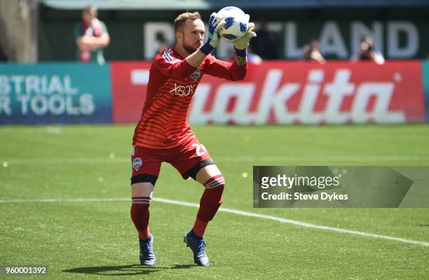 Stefan Frei of Seattle Sounders grabs the ball in front of the goal during the first half of the match against the Portland Timbers at Providence...