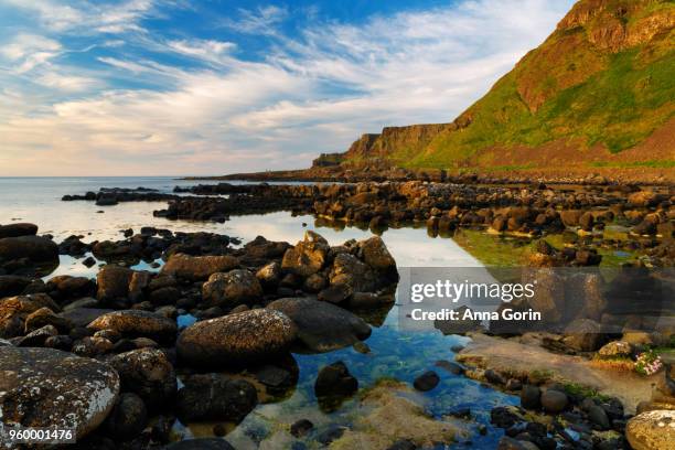 mountains and rocks reflected in still waters along path leading to giant's causeway in northern ireland - bushmills stock pictures, royalty-free photos & images