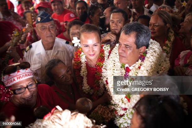 Edouard Fritch reacts after his reelection as the President of French Polynesia, on May 18, 2018 at the hall of the assembly in Papeete, the French...