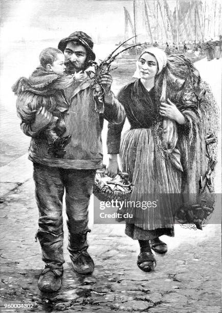 fisherman going home showing the catch to wife and son - woman fisherman stock illustrations