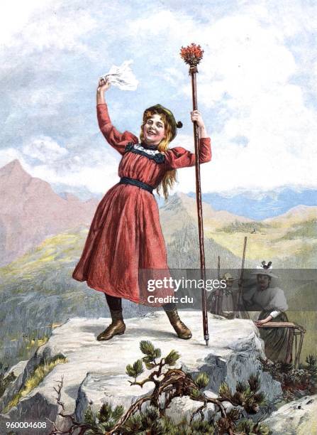 girl beckons from the top of a mountain - family hiking stock illustrations