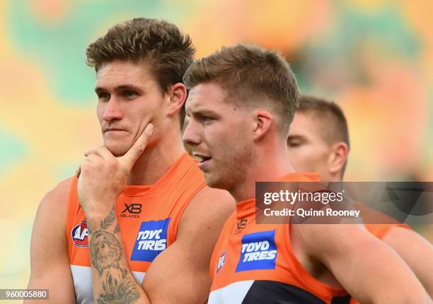 Rory Lobb of the Giants looks dejected after losing the round nine AFL match between the North Melbourne Kangaroos and the Greater Western Sydney...