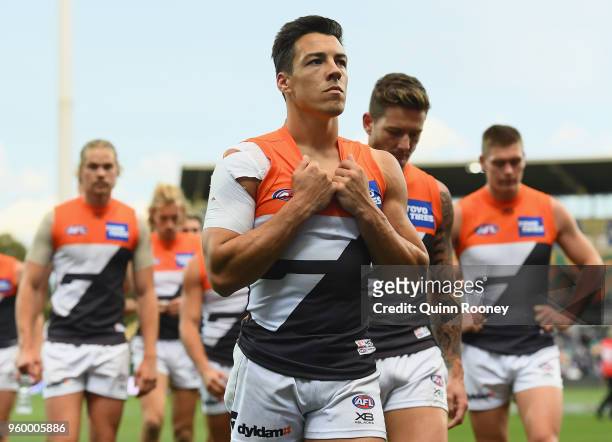 Dylan Shiel of the Giants looks dejected after losing the round nine AFL match between the North Melbourne Kangaroos and the Greater Western Sydney...
