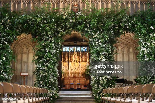 Flowers adorn the front of the organ loft inside St George's Chapel at Windsor Castle for the wedding of Prince Harry to Meghan Markle on May 19,...