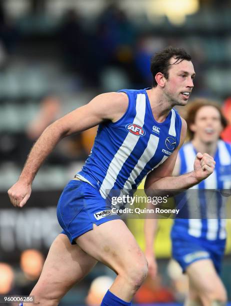 Todd Goldstein of the Kangaroos celebrates kicking a goal during the round nine AFL match between the North Melbourne Kangaroos and the Greater...