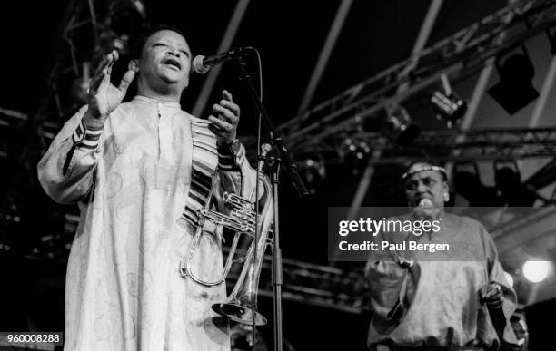 African trumpet player, singer and songwriter Hugh Masekela performs at North Sea Jazz festival together with Miriam Makeba, The Hague, Netherlands,...