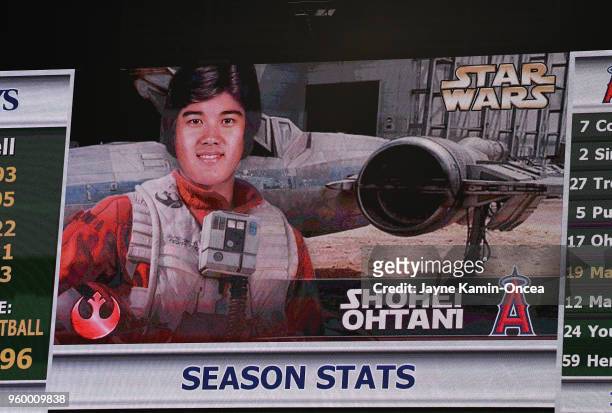 Shohei Ohtani of the Los Angeles Angels of Anaheim is shown on the scoreboard as a character from the Star Wars movie during the Star Wars Night...