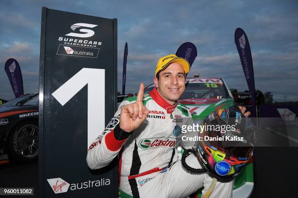 Race winner Rick Kelly driver of the Nissan Motorsport Nissan Altima celebrates after race 13 for the Supercars Winton SuperSprint on May 19, 2018 in...