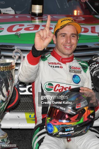 Race winner Rick Kelly driver of the Nissan Motorsport Nissan Altima celebrates after race 13 for the Supercars Winton SuperSprint on May 19, 2018 in...