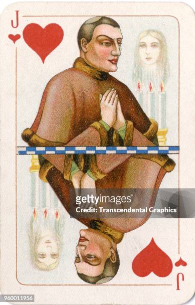View of the Jack of Hearts from a deck of playing cards, Russia, circa 1930. The card, published in Moscow, featured illustrations designed to show...