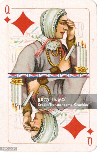 View of the Queen of Diamonds from a deck of playing cards, Russia, circa 1930. The card, published in Moscow, featured illustrations designed to...